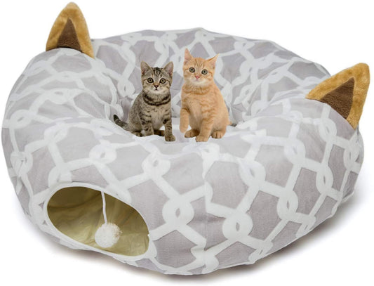 "Cozy and Fun Large Cat Tunnel Bed - Includes Plush Cover, Fluffy Toy Balls, Small Cushion, and Flexible Design - Perfect for Cats and Small Dogs - Stylish Gray Geometric Figure - 10 Inch Diameter, 3 Ft Length"